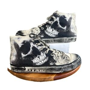 Skulls Hand Painted Custom High top Canvas Sneakers White/Black  US Men 12.5 New